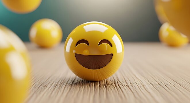 Close-up of smiling yellow sphere with closed eyes, surrounded by blurred floating spheres