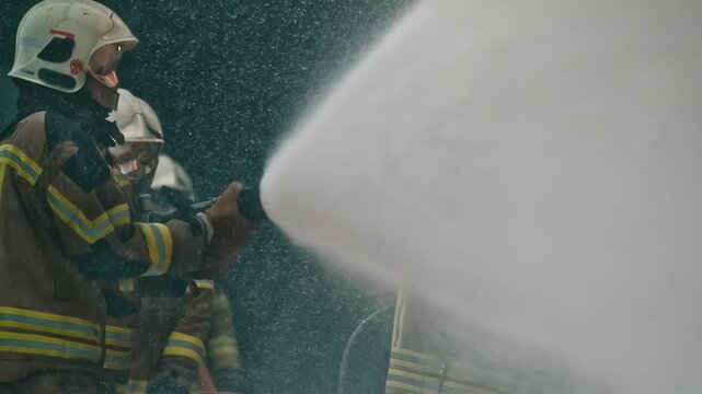 Firefighters in protective gear bravely battle a blaze with a powerful water stream