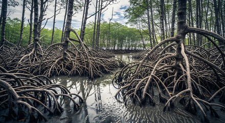 Fototapeta premium Complex Tangled Roots of a Mangrove Forest in a Tropical Wetland
