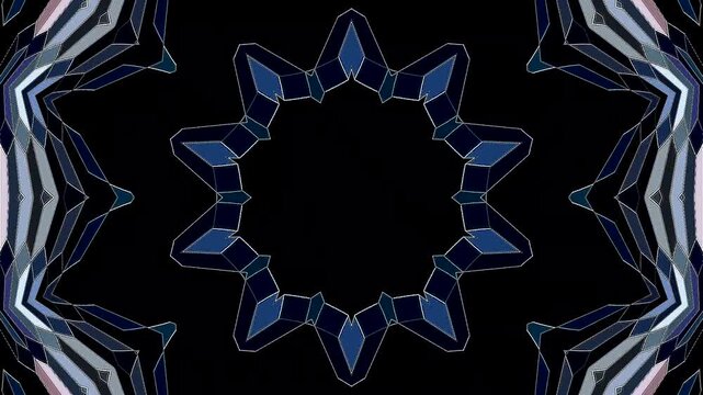 Symmetrical kaleidoscope motif with blue diamond shapes forming a glowing geometric pattern on a black background.