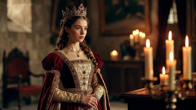 Woman in medieval royal attire standing in warm candlelit interior; realistic style on dark historic background, concept of nobility