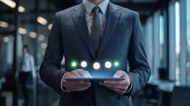 Professional Digital Interaction: A formally dressed business person in a modern office interacts with a digital tablet, illuminated by a futuristic interface.