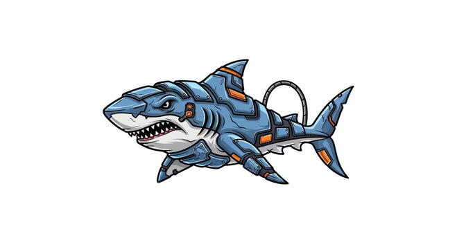 A robotic shark graphic, featuring armored plating, aggressive look, and mechanical details