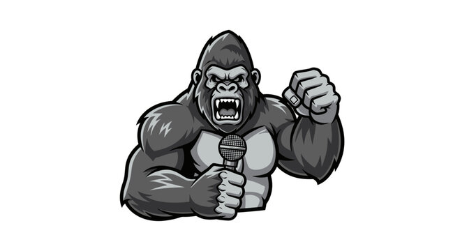 Fierce cartoon gorilla holds a microphone in one hand and makes a fist with the other