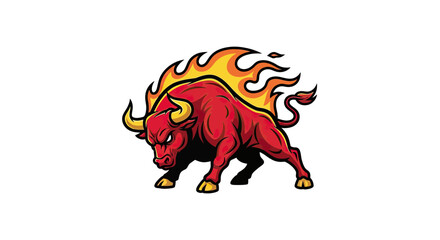 A red bull with fiery mane charges forward, detailed illustration on white background © STwul
