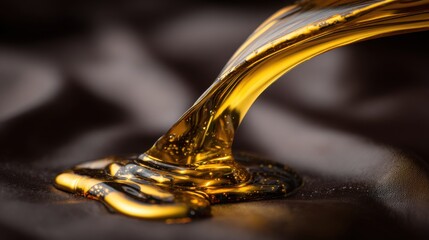 Viscous golden liquid flowing and forming droplets, showcasing rich texture and shimmering light