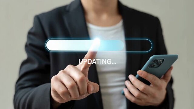 Modern Update in Progress: A modern business professional interacts with a smartphone, symbolizing an ongoing system update or progress, emphasizing digital connectivity and technological advancement.