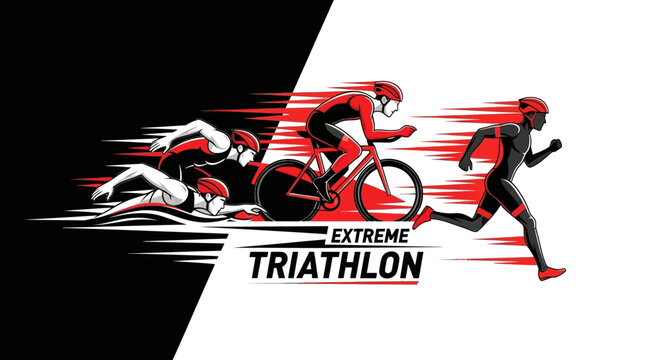 Dynamic Illustration of an Extreme Triathlon Competition with Graphic Design Elements