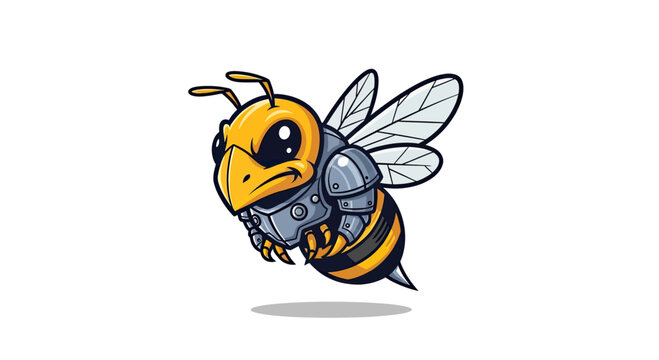 Cartoonish bee wearing armor, flying against a white background with a shadow