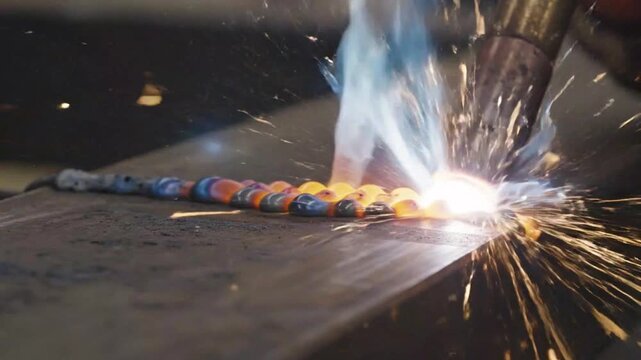 Industrial welding process with sparks and bright light