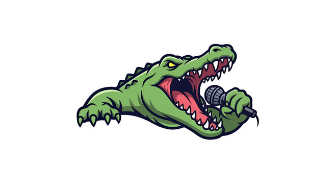 A cartoon alligator holds a microphone, roaring or singing. Image is on a white background