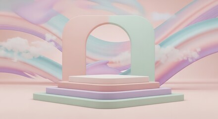 A pastel-colored 3D illustration of a minimalist stage with arches and rainbow background