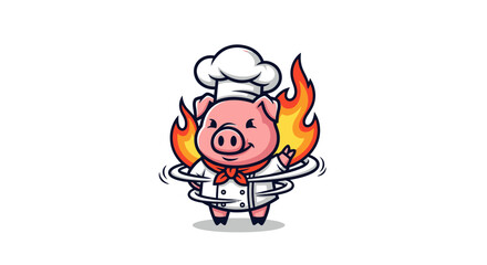 Obraz premium Cartoon pig chef surrounded by flames, smiling and wearing a hat. Spirals add motion