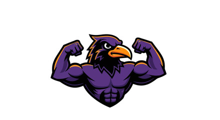 Fototapeta premium Strong cartoon raven flexing muscles, with purple body, orange and black accents