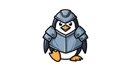 A cartoon penguin clad in full plate armor.  The creature stands upright on white background © STwul