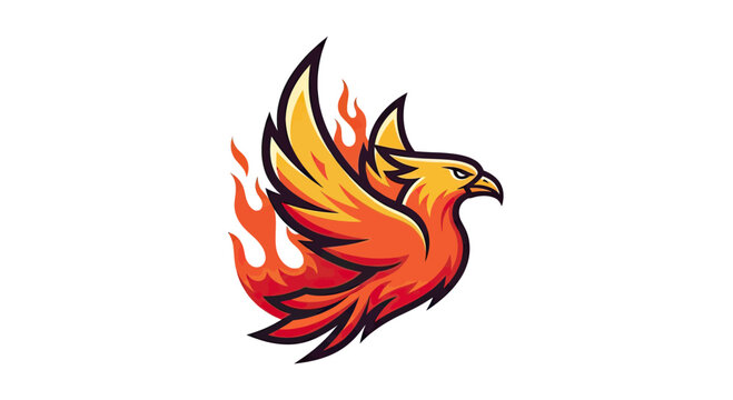 A fiery phoenix illustration with a vibrant color palette, surrounded by flames on a white backdrop