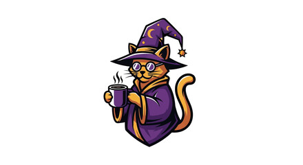 Fototapeta premium A wizard cat with glasses and a hat, wearing robes, holding a steaming mug