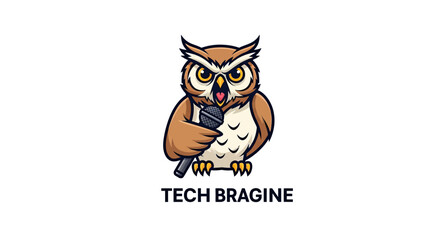 Obraz premium Cartoon owl holding a microphone, with a logo 