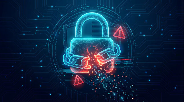 cyber security breach and data theft concept with broken digital lock and glowing chain on dark blue background representing hacker attack system vulnerability and privacy risk