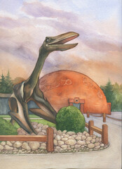 A large pterosaur statue next to a building with an orange dome resembling a setting moon, at the dinosaur theme park in Bałtów, Poland. Watercolor hand drawn painting illustration © arxichtu4ki