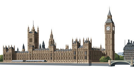 Obraz premium A detailed, colorful illustration showcases the Houses of Parliament and the Big Ben clock tower alongside a river, set against a clean white background.