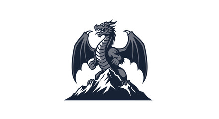 A stylized dragon with outstretched wings stands atop a mountain, in grayscale colors, on a white background © STwul