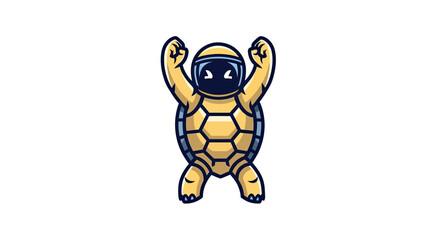 Fototapeta premium Cheerful turtle-astronaut mascot with raised arms on white