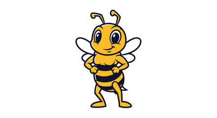 Fototapeta premium Smiling, cartoon bee with black stripes, antennae, and wings, standing confidently