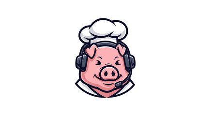 Fototapeta premium A pink pig wearing a chef's hat and headset smiles, on white background