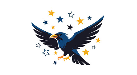 Fototapeta premium A stylized blue bird with spread wings, surrounded by stars, on a white background