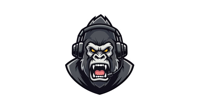 Fierce gorilla head wearing headphones and mic, with detailed fur, screaming, on white
