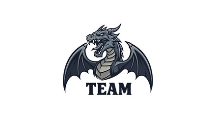 Fototapeta premium A snarling, winged dragon graphic above the word 