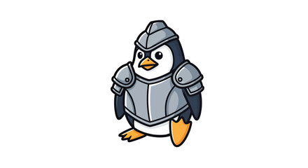 Obraz premium An armored cartoon penguin with a helmet, body armor, and orange feet, isolated on white