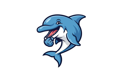 Fototapeta premium Cartoon dolphin, blue and white, smiling and holding a fist. White background