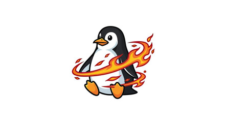 Fototapeta premium A penguin engulfed in stylized flames on a white background. It has orange feet and a beak