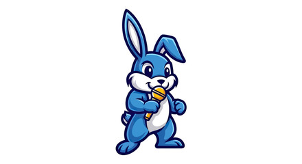 Fototapeta premium A blue cartoon bunny holding a microphone and smiling, ready to sing