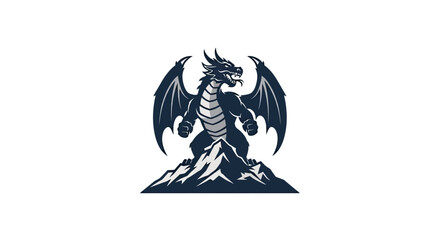 A fierce dragon with spread wings stands atop a mountain range against a white background © STwul