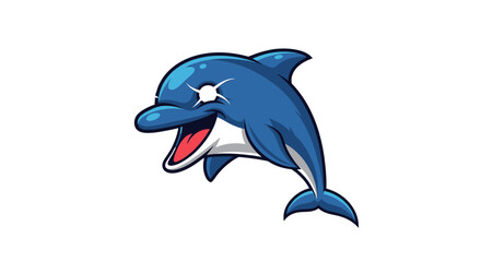 Obraz premium Cartoon dolphin illustration, blue and white, with stylized sparkle eyes and open mouth