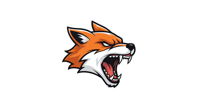 A stylized cartoon fox head baring teeth with orange and white fur, set against white