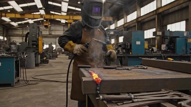 Industrial Welding Process with Sparks and Firework Effects