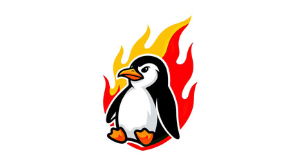 Naklejka premium A cartoon penguin encircled by flames on a white background, representing heat or energy