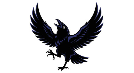 Fototapeta premium A stylized black raven with spread wings, an open beak, and sharp claws on white background