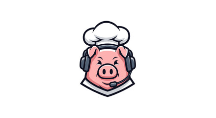 Fototapeta premium A cartoon pig chef, wearing headphones and a chef's hat, on a white background