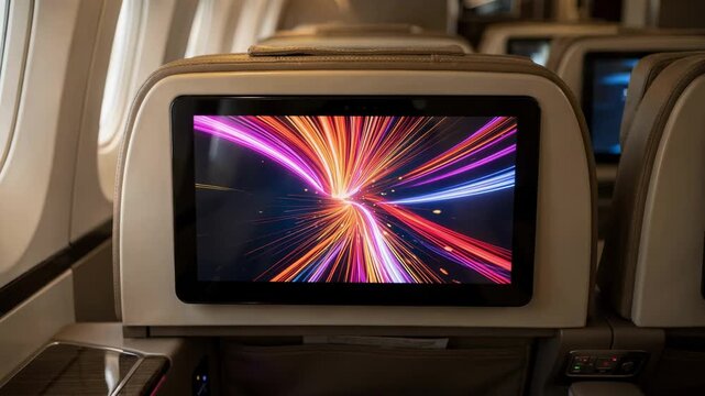 Medium shot of a luxury seat touchscreen in a premium cabin streaming highdefinition movies with seat rows behind softly faded to emphasize the display.