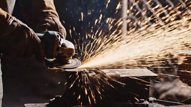 Industrial worker cutting metal with angle grinder sparks flying