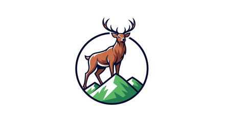 A majestic brown deer stands atop green mountains inside a circle, set against a white backdrop © STwul