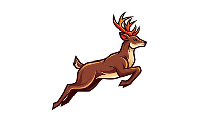 Fototapeta premium A stylized brown deer leaping gracefully with flaming orange antlers. White backdrop