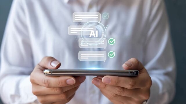AI Chatbot on the phone: Close-up of a person's hands delicately holding a smartphone, the screen displaying an interactive AI chatbot interface. Lines of code represent the technology and innovation.