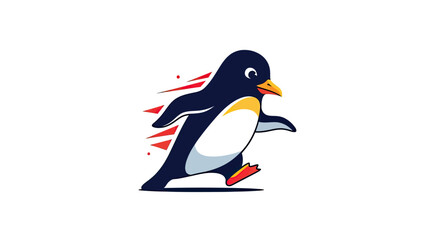 A cartoon penguin, mid-stride, with speed lines and a stylized design on a white background