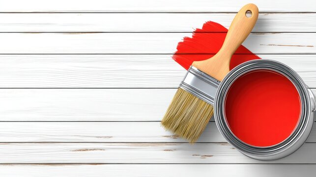 Can of red paint with paintbrush having red bristles and red stroke on wooden background, copy space